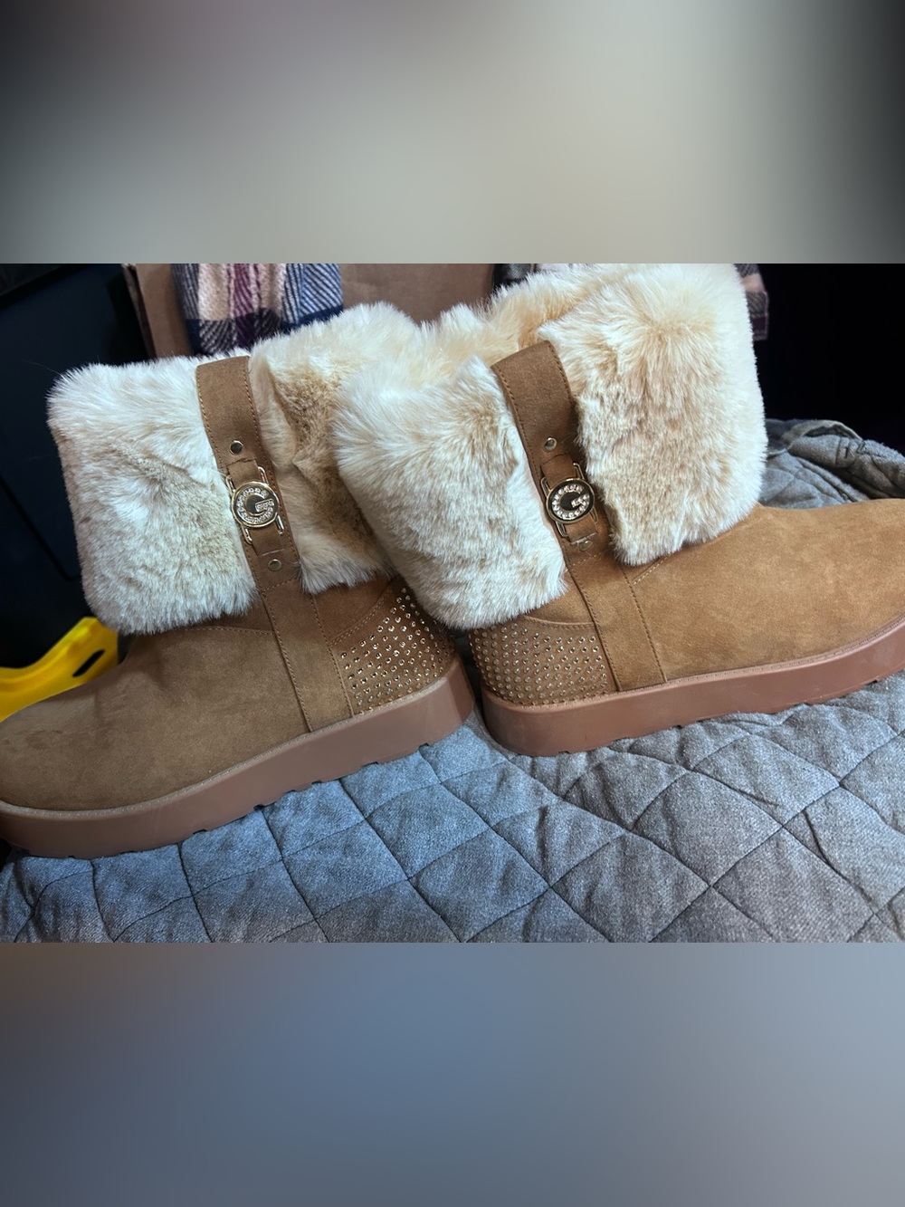 BDG Chestnut Faux-Fur Suede Winter Boots with Buckle Detail and bling !